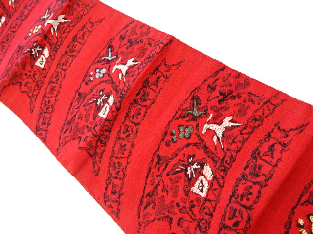 リサイクル　抽象花・動物模様織出し紬名古屋帯